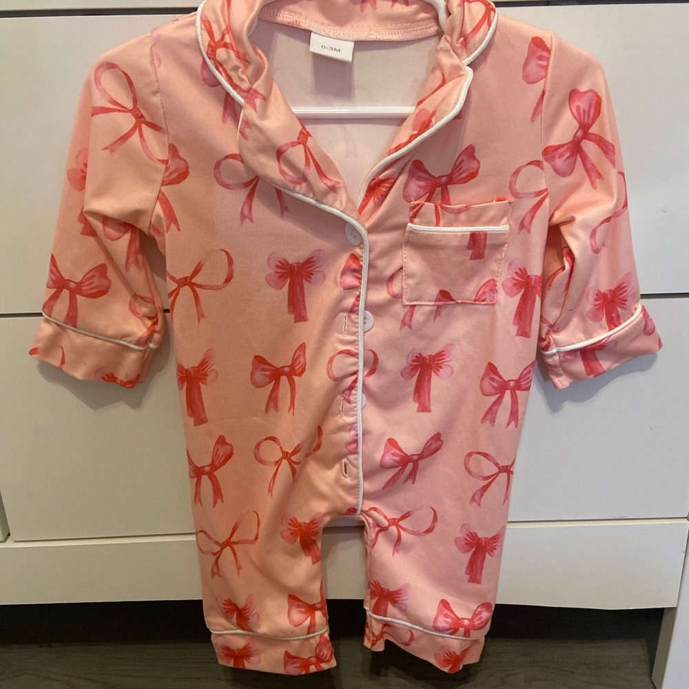 Pink Pajama Set with Red Bow Print